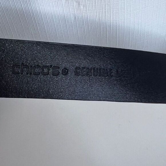 Chicos Statement Belt Silver Metal Hook Buckle Black Leather Adjustable MD** - Picture 3 of 9